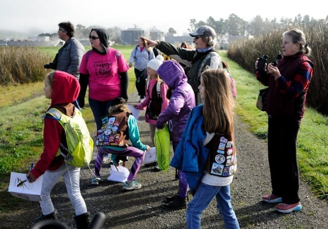 Group of adults and children watching birds