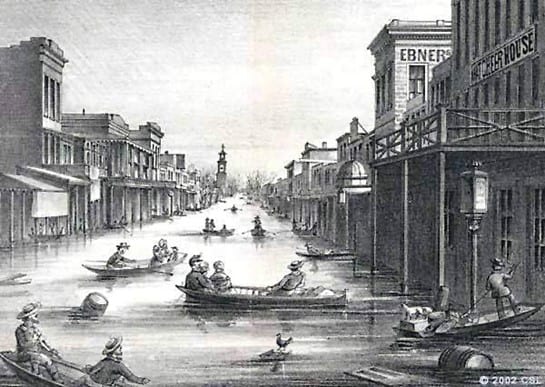 This lithograph shows Sacramento under water during the California floods of 1861-62.