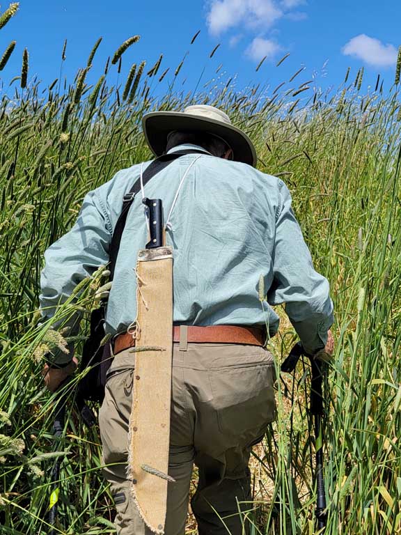 Photo of Len Nelson hiking with machete on his back